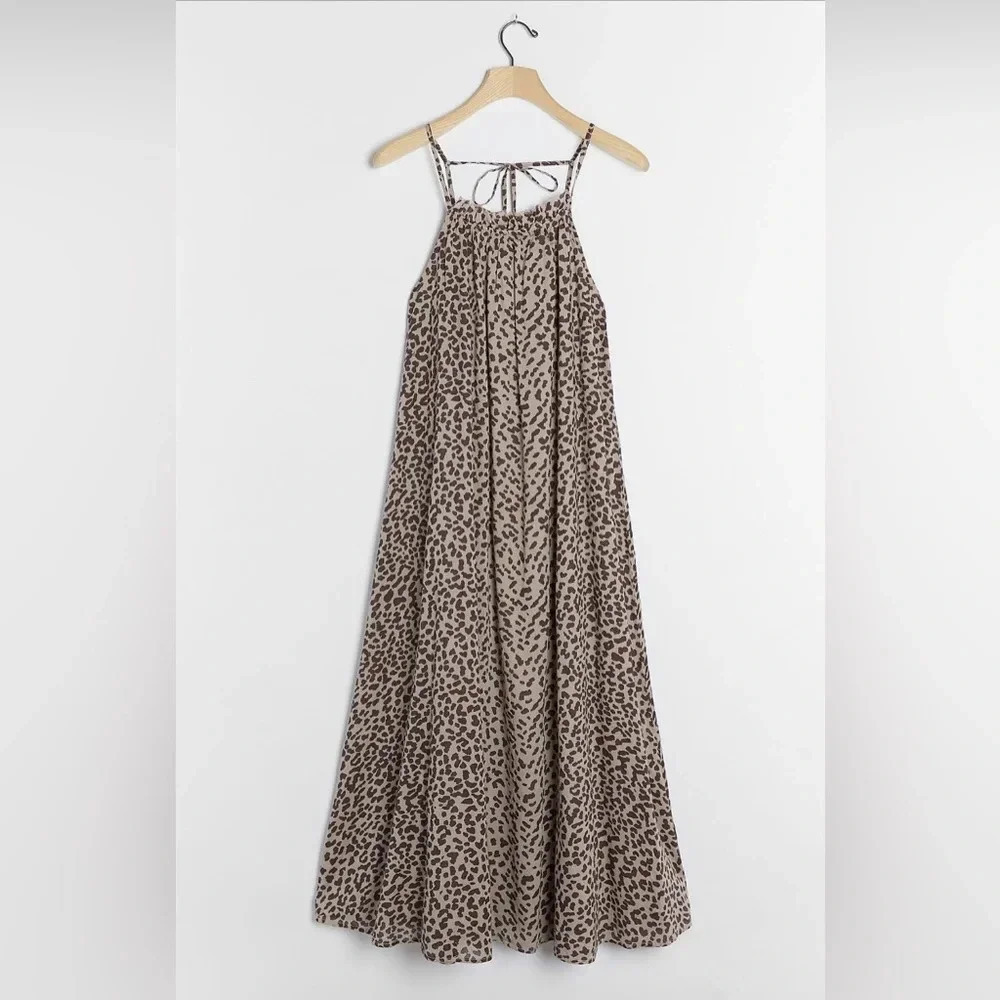 Anthropologie Sundry Leopard Midi Cotton Lined Dress Size 3 / Large